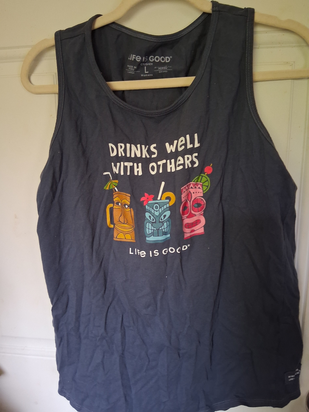 Life Is Good Women's Navy Muscle Tee with Colorful Tiki Drink Graphic